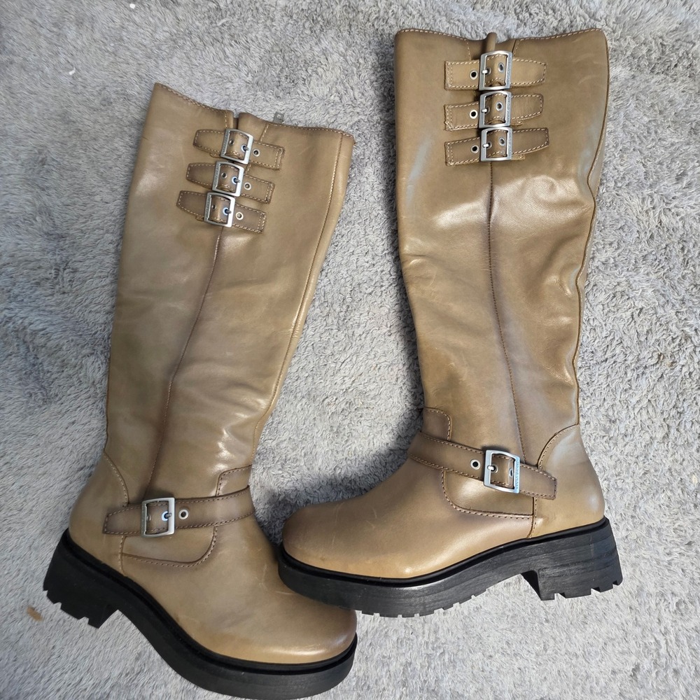 Lucky Brand Womens Riding Boots 7.5M Knee High Tan Leather Triple Buckle Low NEW